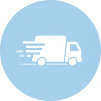 Stylized white delivery truck icon on a soft sky blue circle, representing fast shipping.