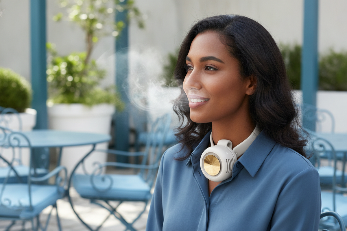 Person with a bladeless clip-on portable fan attached to their shirt, enjoying the breeze at an outdoor cafe patio.