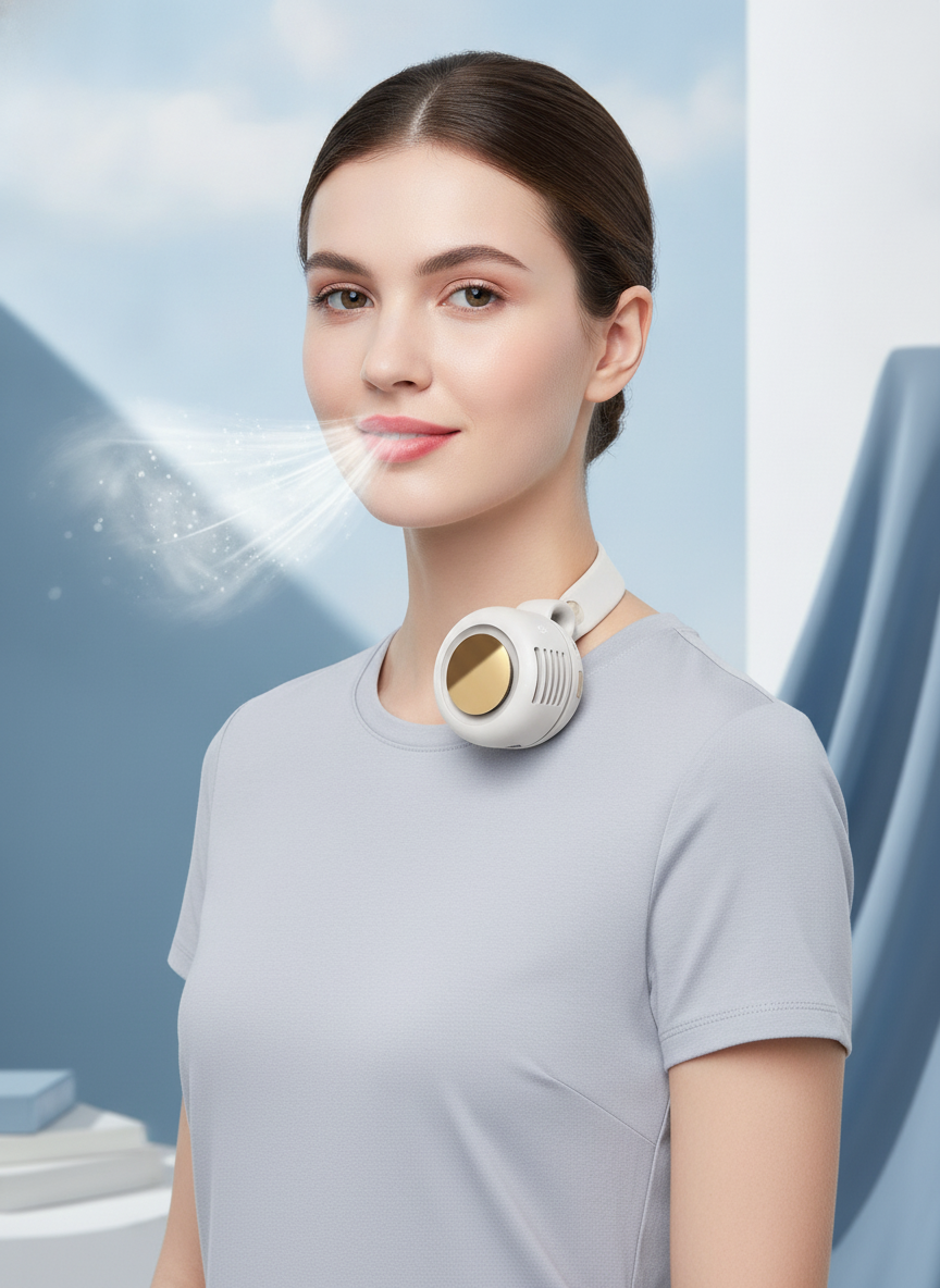 Mini Bladeless Clip-On Portable Fan clipped to a shirt collar, showing its compact, bladeless design and focused airflow.